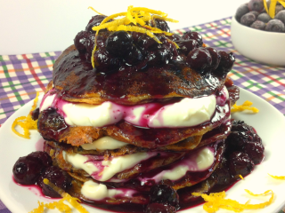 Quest Bar Pancakes – Blueberry Pancakes with Lemon Cream Cheese Filling and Blueberry Sauce