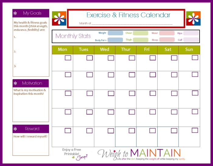 exercise calendar weigh to maintain